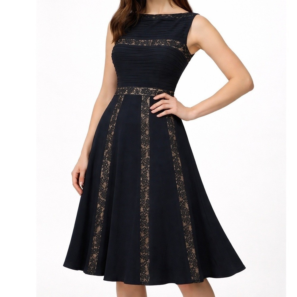 Tadashi Shoji Lace Fit Flare Dress Small Black Nude Midi Cocktail Formal Elegant